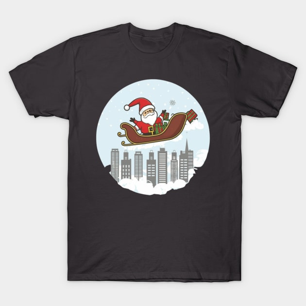 Santa, sleigh, cityscape, reindeer, Christmas, night, moon, holiday, festive, magical T-Shirt by designe stor 